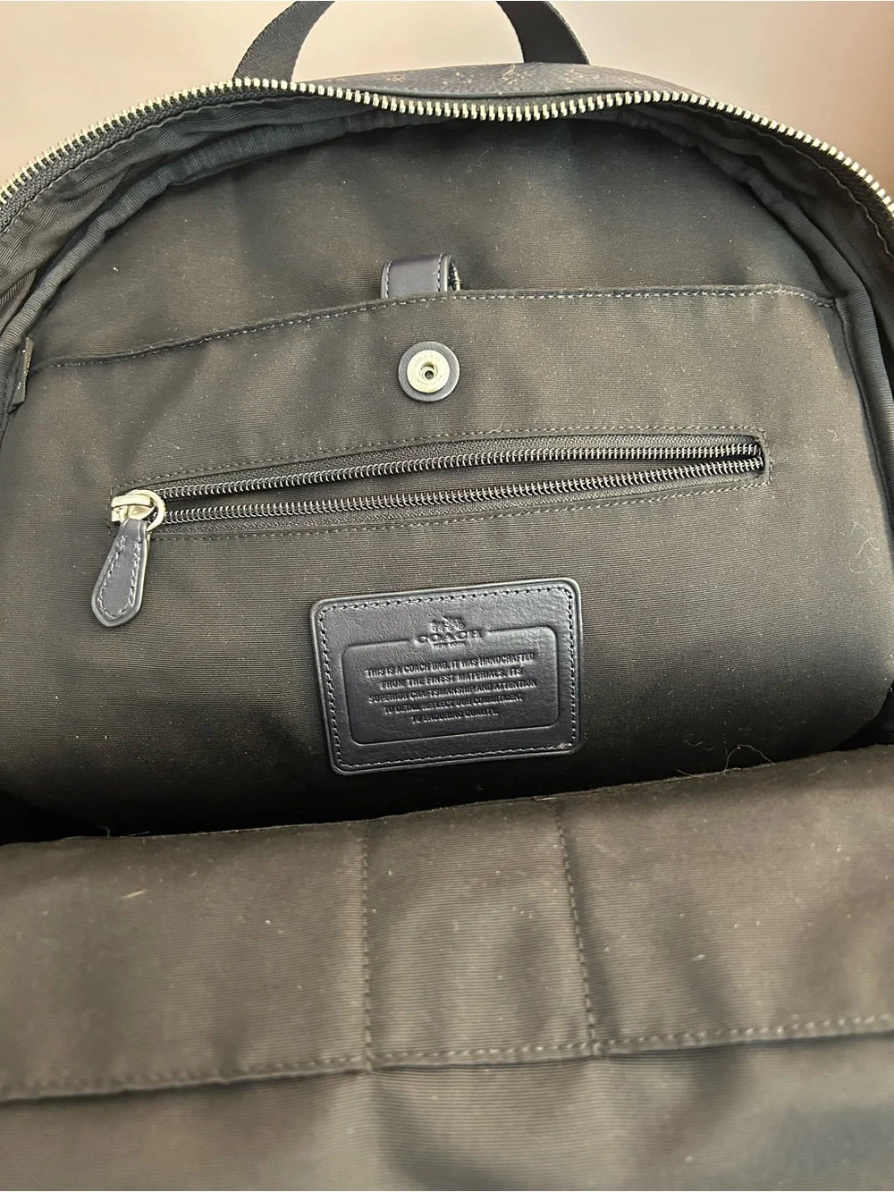 Coach Men's navy Backpack with tan/gold Logo Print